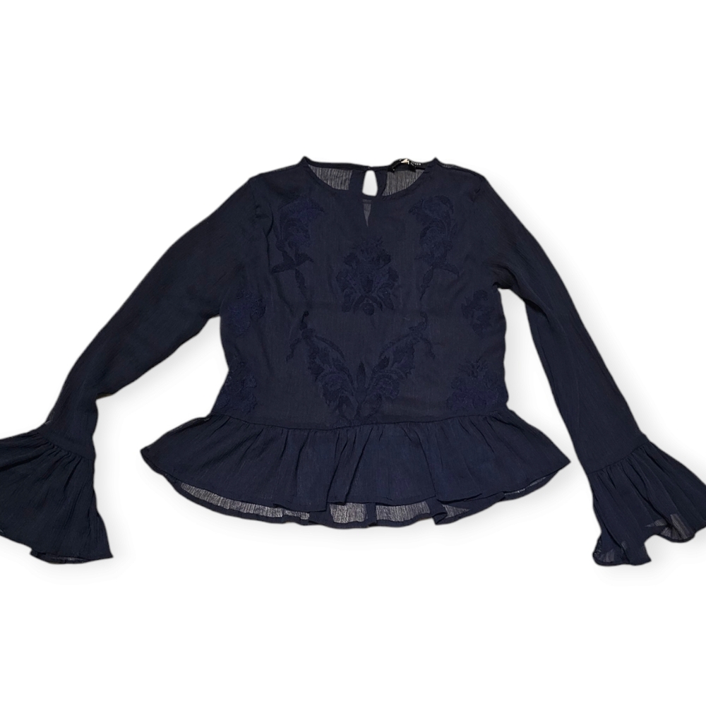 Walter Baker Sheer Embroidered Long Bell Sleeve Blouse Top